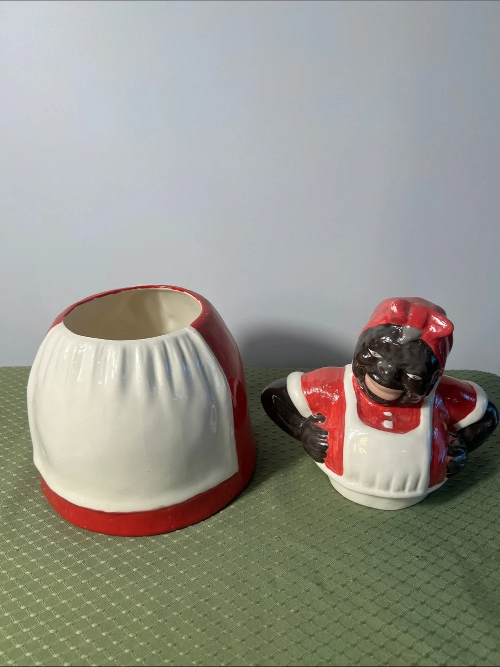Red and White Ceramic Woman Cookie Jar